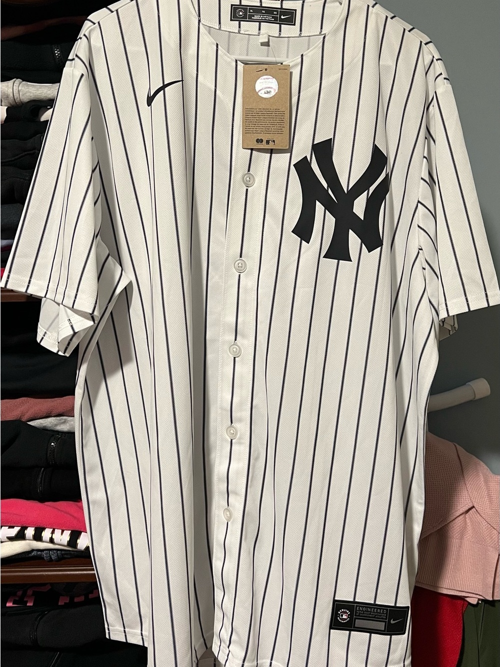 Nike New York Yankees White Pinstripe Jersey with Black Logo